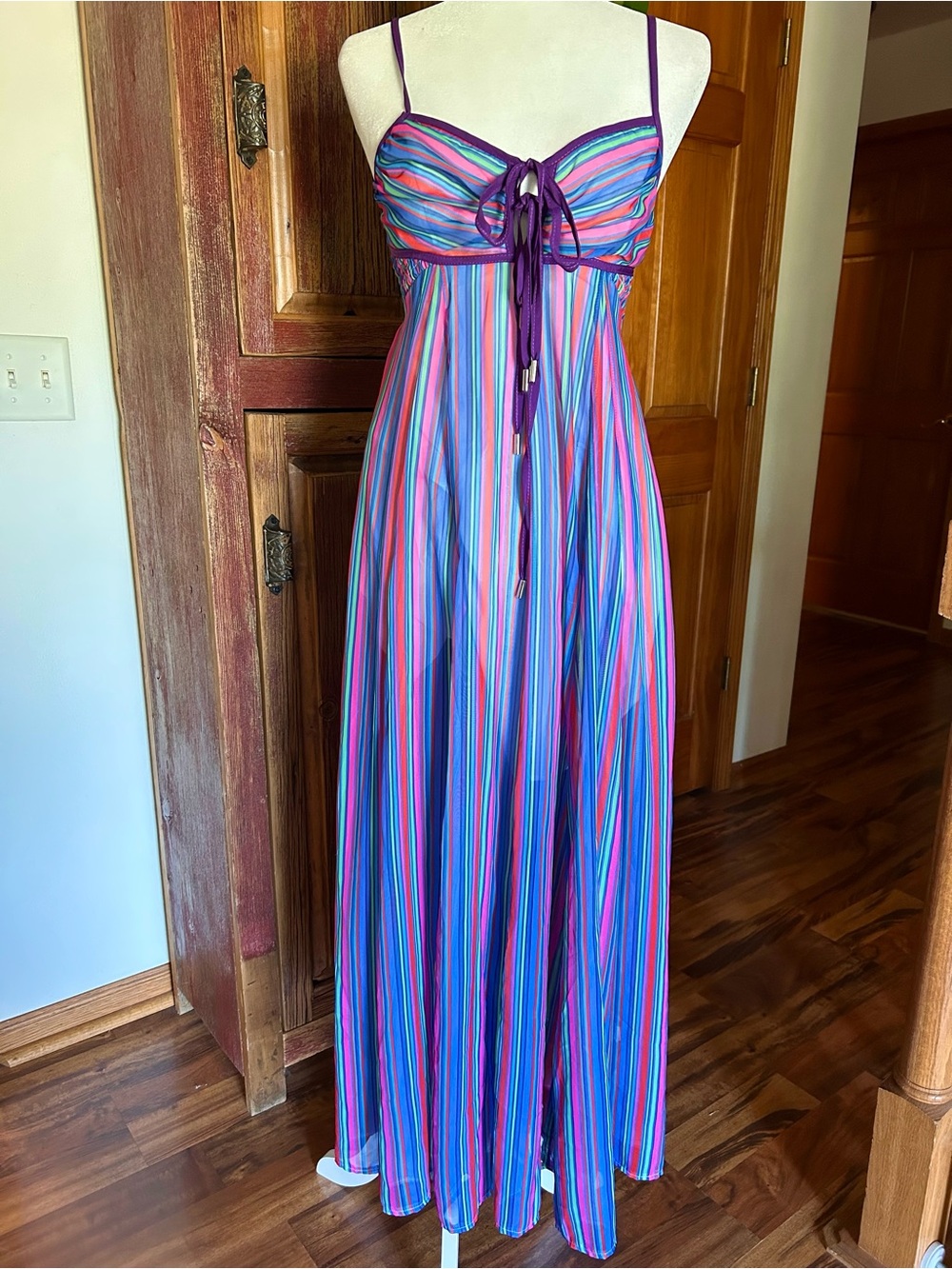 Striped Maxi Sundress with Tie Front in Purple and Multi-Color